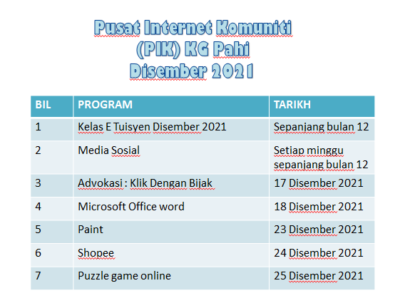 Jadual Aktiviti Bulan Disember 2021